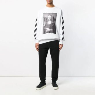 C/O Virgil Abloh Pulover cu guler rotund pentru bărbați, model Diag Monalisa, alb