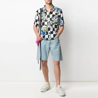 Cămășă cu mânecă scurtă în carouri SS21, croială largă, albă