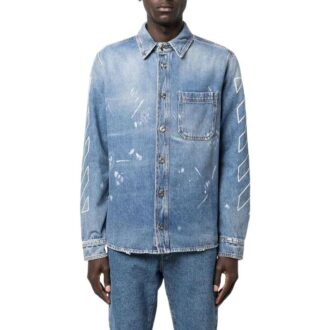 Cămășă cu mâneci lungi din denim cu imprimeu logo SS22, versiune standard, albastră
