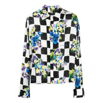 Cămășă cu mâneci lungi, revere în carouri și imprimeu floral SS21, versiune slim fit, negru