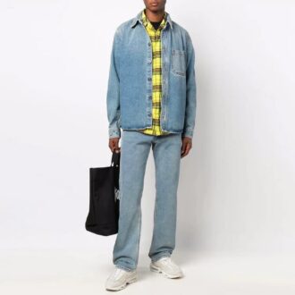 Cămașă albastră casual Off-White pentru bărbați FW21, cu mâneci lungi, croială largă, din denim uzat