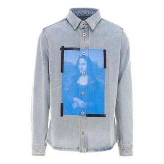 Cămașă din denim cu imprimeu SS21, cu mâneci lungi și revere, albastră