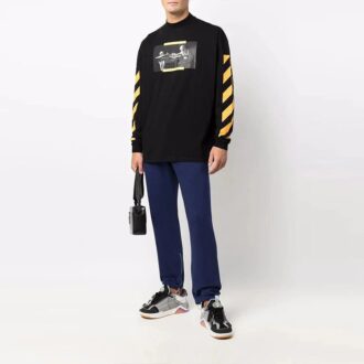Haină Off-White pentru bărbați, cu imprimeu Caravaggio, dungi, mâneci lungi, croială largă, negru