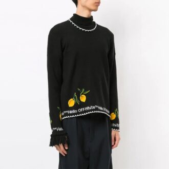 Off-White Bărbați Brodați Guler Rotund Negru
