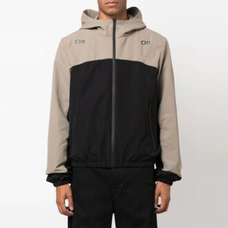 Off-White Bărbați FW22 Culori contrastante Imprimeu cu Arrows Jachetă cu glugă și fermoar Croială largă Negru Gri Off-White Bărbați FW22 Culori contrastante Imprimeu cu Arrows Jachetă cu glugă și fermoar Croială largă Negru Gri