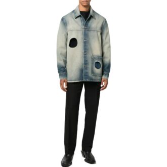Off-White Bărbați FW22 Jachetă cu un singur rând de nasturi, decupată, din Denim, versiune obișnuită, albastru-gri Off-White Bărbați FW22 Jachetă cu un singur rând de nasturi, decupată, din Denim, versiune obișnuită, albastru-gri