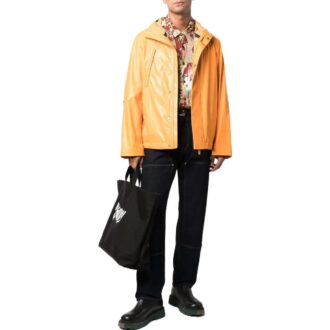 Off-White Bărbați FW22 Jachetă dreaptă cu glugă și fermoar, culoare solidă, versiune portocaliu-galben Off-White Bărbați FW22 Jachetă dreaptă cu glugă și fermoar, culoare solidă, versiune portocaliu-galben