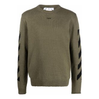 Off-White Bărbați FW22 Pulover confortabil din lână cu guler rotund și imprimeu Arrows, verde militar Off-White Bărbați FW22 Pulover confortabil din lână cu guler rotund și imprimeu Arrows, verde militar