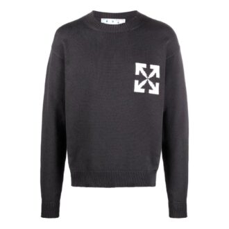 Off-White Bărbați FW22 Pulover din lână cu guler rotund, tricotat cu intarsii și logo, croială lejeră, negru Off-White Bărbați FW22 Pulover din lână cu guler rotund, tricotat cu intarsii și logo, croială lejeră, negru