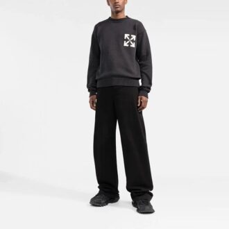 Off-White Bărbați FW22 Pulover din lână cu guler rotund, tricotat cu intarsii și logo, croială lejeră, negru Off-White Bărbați FW22 Pulover din lână cu guler rotund, tricotat cu intarsii și logo, croială lejeră, negru