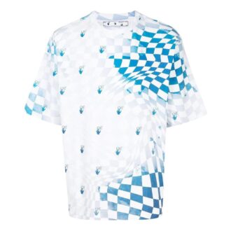 Off-White Bărbați FW22 Tricou albastru cu guler rotund, mâneci scurte, croială lejeră, imprimeu cu logo în carouri Off-White Bărbați FW22 Tricou albastru cu guler rotund, mâneci scurte, croială lejeră, imprimeu cu logo în carouri