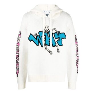 Off-White Bărbați FW22 Tricou cu glugă și mâneci lungi, tricotat, cu imprimeu graffiti, alb Off-White Bărbați FW22 Tricou cu glugă și mâneci lungi, tricotat, cu imprimeu graffiti, alb