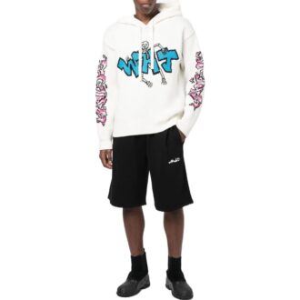 Off-White Bărbați FW22 Tricou cu glugă și mâneci lungi, tricotat, cu imprimeu graffiti, alb Off-White Bărbați FW22 Tricou cu glugă și mâneci lungi, tricotat, cu imprimeu graffiti, alb