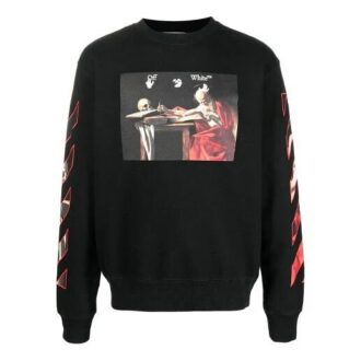 Off-White Bărbați Imprimare cu model Guler rotund Mâneci lungi Negru