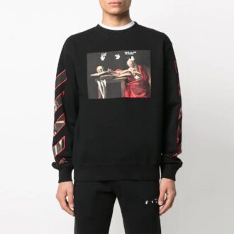Off-White Bărbați Imprimare cu model Guler rotund Mâneci lungi Negru