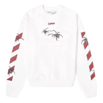 Off-White Bărbați Logo Spider imprimat, guler rotund, mâneci lungi, alb