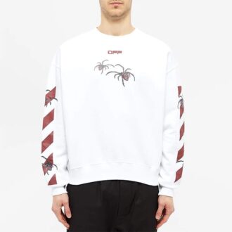Off-White Bărbați Logo Spider imprimat, guler rotund, mâneci lungi, alb