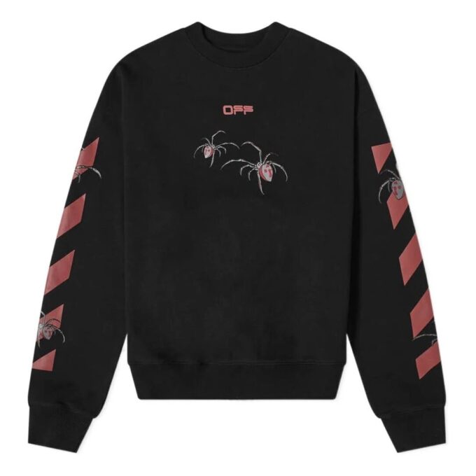 Off-White Bărbați Logo Spider Printing Guler Rotund Mâneci Lungi Negru