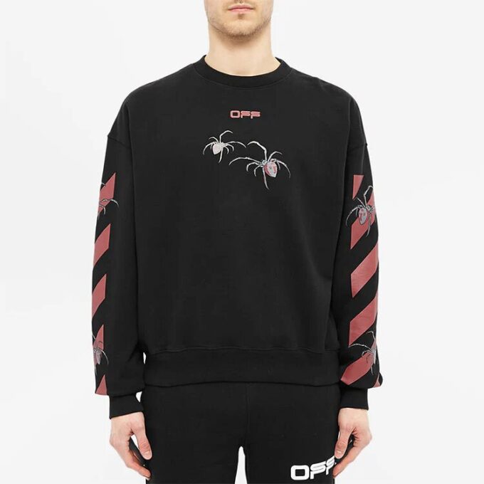 Off-White Bărbați Logo Spider Printing Guler Rotund Mâneci Lungi Negru