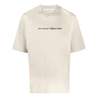 Off-White Bărbați SS21 Tricou cu mânecă scurtă, croială largă, de culoare kaki deschis, cu model logo Off-White Bărbați SS21 Tricou cu mânecă scurtă, croială largă, de culoare kaki deschis, cu model logo