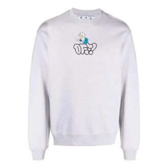 Off-White Bărbați SS22 Pulover cu guler rotund, imprimeu cu logo și personaje de desene animate, croială lejeră, gri Off-White Bărbați SS22 Pulover cu guler rotund, imprimeu cu logo și personaje de desene animate, croială lejeră, gri