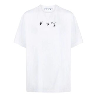 Off-White Bărbați SS22 Tricou alb cu guler rotund și imprimeu pe piept, cu mâneci scurte Off-White Bărbați SS22 Tricou alb cu guler rotund și imprimeu pe piept, cu mâneci scurte