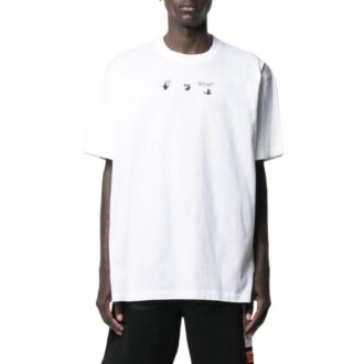 Off-White Bărbați SS22 Tricou alb cu guler rotund și imprimeu pe piept, cu mâneci scurte Off-White Bărbați SS22 Tricou alb cu guler rotund și imprimeu pe piept, cu mâneci scurte