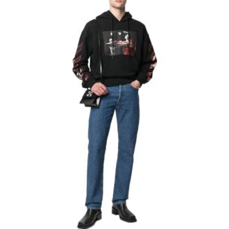 Off-White Bărbați SS22 Tricou cu mâneci lungi, imprimeu, cu glugă, croială largă, negru Off-White Bărbați SS22 Tricou cu mâneci lungi, imprimeu, cu glugă, croială largă, negru
