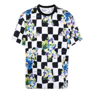 Off-White Bărbați SS22 Tricou negru cu guler rotund, mâneci scurte, croială lejeră, imprimeu cu flori în carouri Off-White Bărbați SS22 Tricou negru cu guler rotund, mâneci scurte, croială lejeră, imprimeu cu flori în carouri