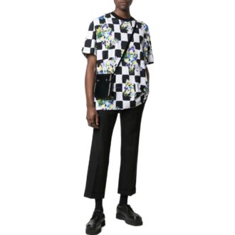 Off-White Bărbați SS22 Tricou negru cu guler rotund, mâneci scurte, croială lejeră, imprimeu cu flori în carouri Off-White Bărbați SS22 Tricou negru cu guler rotund, mâneci scurte, croială lejeră, imprimeu cu flori în carouri