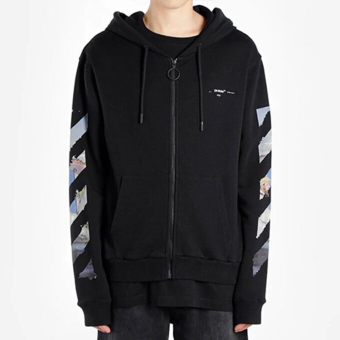 Off-White pentru bărbați, imprimeu pictat, model cu săgeți, fermoar, negru clasic