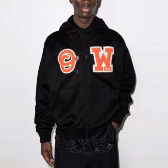 Off-White Pulover bărbătesc cu guler rotund, croială largă, negru, cu imprimeu cu litere de skateboard Off-White Pulover bărbătesc cu guler rotund, croială largă, negru, cu imprimeu cu litere de skateboard