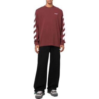Off-White Pulover pentru bărbați FW22 cu guler rotund și imprimeu cu dungi, roșu Off-White Pulover pentru bărbați FW22 cu guler rotund și imprimeu cu dungi, roșu