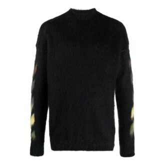 Off-White Tricou bărbătesc FW22 cu mâneci lungi, din lână, cu imprimeu cu dungi, negru Off-White Tricou bărbătesc FW22 cu mâneci lungi, din lână, cu imprimeu cu dungi, negru