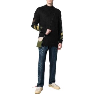 Off-White Tricou bărbătesc FW22 cu mâneci lungi, din lână, cu imprimeu cu dungi, negru Off-White Tricou bărbătesc FW22 cu mâneci lungi, din lână, cu imprimeu cu dungi, negru