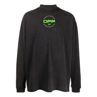 Off-White Tricou negru pentru bărbați cu guler pe jumătate și imprimeu cu litere, toamnă Off-White Tricou negru pentru bărbați cu guler pe jumătate și imprimeu cu litere, toamnă