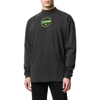 Off-White Tricou negru pentru bărbați cu guler pe jumătate și imprimeu cu litere, toamnă Off-White Tricou negru pentru bărbați cu guler pe jumătate și imprimeu cu litere, toamnă