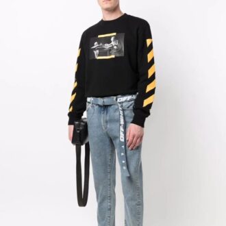 Off-White Tricou negru pentru bărbați, cu guler rotund și mâneci lungi, cu imprimeu Off-White Tricou negru pentru bărbați, cu guler rotund și mâneci lungi, cu imprimeu