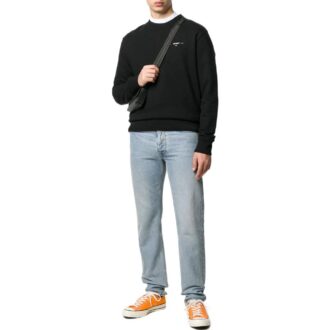 Off-White Tricou pentru bărbați FW22, culoare solidă, cu logo, guler rotund și mâneci lungi, negru Off-White Tricou pentru bărbați FW22, culoare solidă, cu logo, guler rotund și mâneci lungi, negru