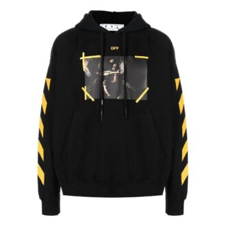 Off-White Tricou pentru bărbați SS22 cu imprimeu, cu glugă și mâneci lungi, negru Off-White Tricou pentru bărbați SS22 cu imprimeu, cu glugă și mâneci lungi, negru