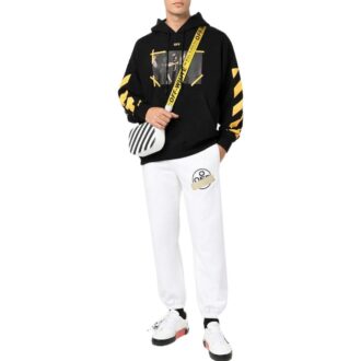 Off-White Tricou pentru bărbați SS22 cu imprimeu, cu glugă și mâneci lungi, negru Off-White Tricou pentru bărbați SS22 cu imprimeu, cu glugă și mâneci lungi, negru