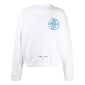 Off-White Tricou pentru bărbați SS22, culoare solidă, cu imprimeu logo, guler rotund, versiune pulover, alb Off-White Tricou pentru bărbați SS22, culoare solidă, cu imprimeu logo, guler rotund, versiune pulover, alb