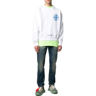Off-White Tricou pentru bărbați SS22, culoare solidă, cu imprimeu logo, guler rotund, versiune pulover, alb Off-White Tricou pentru bărbați SS22, culoare solidă, cu imprimeu logo, guler rotund, versiune pulover, alb