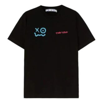 Off-White x Andr / Tricou negru cu mâneci scurte, guler rotund, imprimeu cu logo crossover și față zâmbitoare Off-White x Andr / Tricou negru cu mâneci scurte, guler rotund, imprimeu cu logo crossover și față zâmbitoare