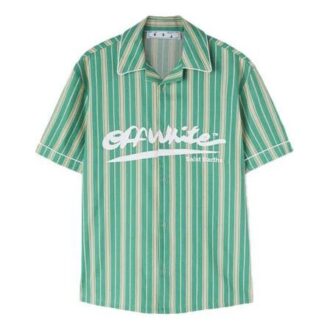 Off-White x c/o Eden Rock St. Barth Crossover FW22 Cămașă verde cu mâneci scurte, cu imprimeu logo și dungi Off-White x c/o Eden Rock St. Barth Crossover FW22 Cămașă verde cu mâneci scurte, cu imprimeu logo și dungi