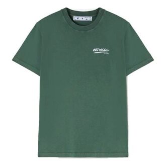 Off-White x Eden Rock St. Barth Crossover Tricou verde cu guler rotund, mâneci scurte și imprimeu cu litere de o singură culoare Off-White x Eden Rock St. Barth Crossover Tricou verde cu guler rotund, mâneci scurte și imprimeu cu litere de o singură culoare