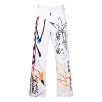Pantaloni casual drepți cu talie înaltă Off-White pentru bărbați, cu imprimeu graffiti, colecția FW22, versiunea albă Pantaloni casual drepți cu talie înaltă Off-White pentru bărbați, cu imprimeu graffiti, colecția FW22, versiunea albă