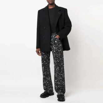 Pantaloni casual drepți Off-White pentru bărbați FW22 cu efect de stropi de vopsea, versiune neagră Pantaloni casual drepți Off-White pentru bărbați FW22 cu efect de stropi de vopsea, versiune neagră
