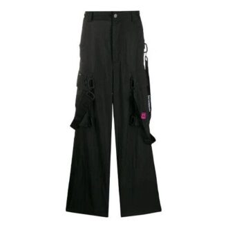 Pantaloni lungi cargo brodați, croi larg, negru