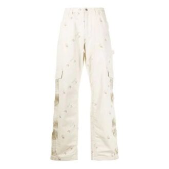 Pantaloni lungi casual pentru bărbați Off-White cu model geometric și cataramă, croi larg, albi Pantaloni lungi casual pentru bărbați Off-White cu model geometric și cataramă, croi larg, albi